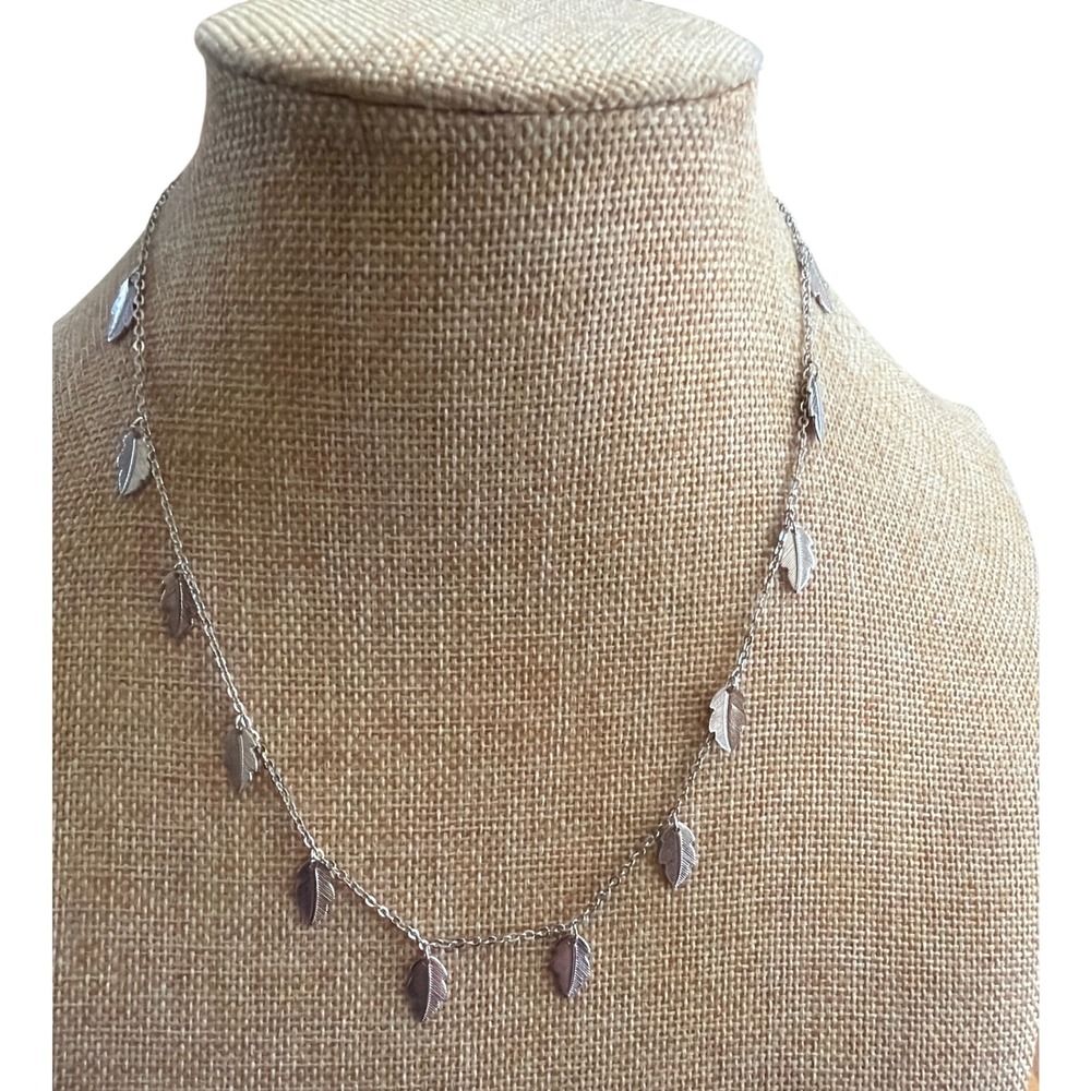 Silver Tone Leaf Charm Station Necklace Dainty Nature Inspired Boho Chic Layer